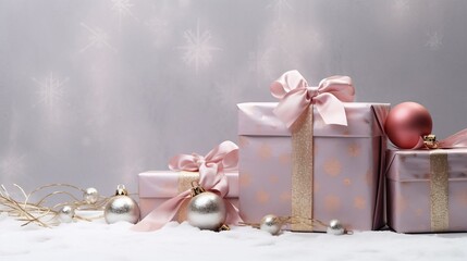 Lots of pink Christmas gift boxes with bows, Christmas tree, silver decorative balls, snowflakes on a pink background. Happy New Year