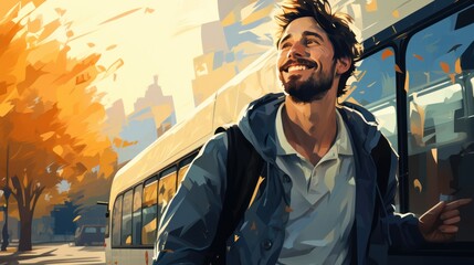 vector art of A happy man is stopping a bus on a city street.