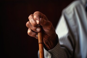Elderly man's hand holding cane, digital illustration. Generative AI