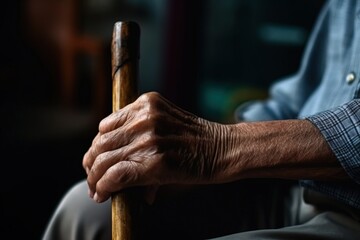 Elderly man's hand holding cane, digital illustration. Generative AI