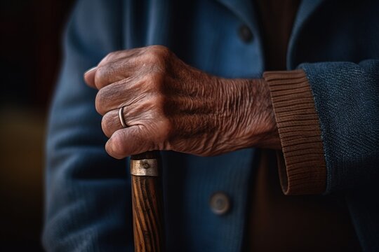 Elderly man's hand holding cane, digital illustration. Generative AI