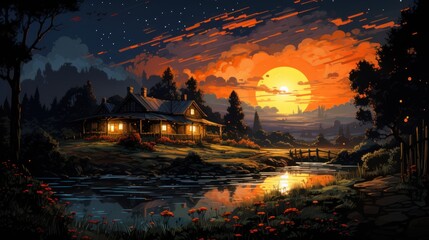 vector art of Firefly house, night wallpaper moon, in the style of celebration of rural life