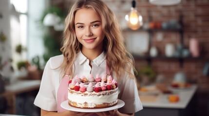 A professional female pastry chef holds birthday cake and smiles. Cozy kitchen in a coffee shop. Young woman Pastry chef portrait close-up front view. Generative AI.