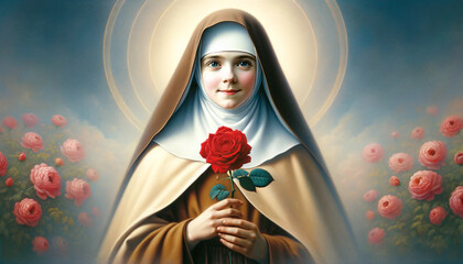 Painting of Saint Thérèse of Lisieux capturing her in her Carmelite nun's habit with a red rose, surrounded by a peaceful, spiritual background. - obrazy, fototapety, plakaty