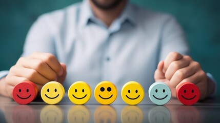 choosing happy smile face, good feedback rating and positive customer review, experience, satisfaction survey ,mental health assessment, child wellness, world mental health day concept