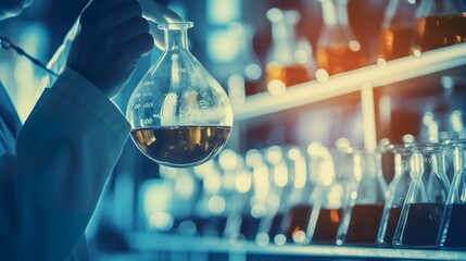 Scientist holding flask with lab glassware in chemical laboratory background. - obrazy, fototapety, plakaty