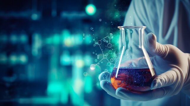 Scientist holding flask with lab glassware in chemical laboratory background.