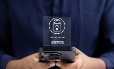 Cybersecurity and privacy concepts to protect data. information security and encryption, businessman or User using smartphone typing login protecting personal data on internet network security.