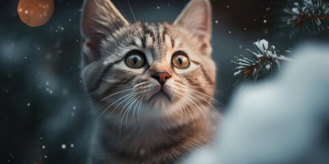 Cute Red Striped cat in winter forest. New Year and Christmas concept