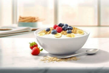 A bowl with natural yogurt, granola and fresh berries on a white background in watercolor style. 