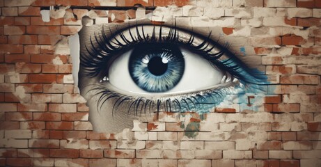 Human eye and broken brick wall, concept of spying and invasion of privacy. Generative AI - obrazy, fototapety, plakaty