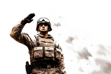 Naklejka premium Illustration of American soldier in military uniform saluting, white background. Generative AI