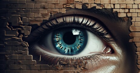 Human eye and broken brick wall, concept of spying and invasion of privacy. Generative AI