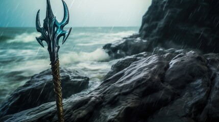 Fototapeta premium Landscape with poseidon's trident on sea rocks, rough sea in the background, fantasy concept. Generative AI