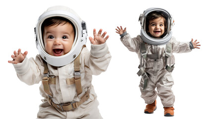 cute happy baby arabic toddler kid dressed like an astronaut on transparent background	