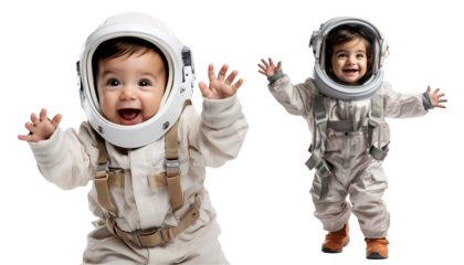 cute happy baby arabic toddler kid dressed like an astronaut on transparent background	