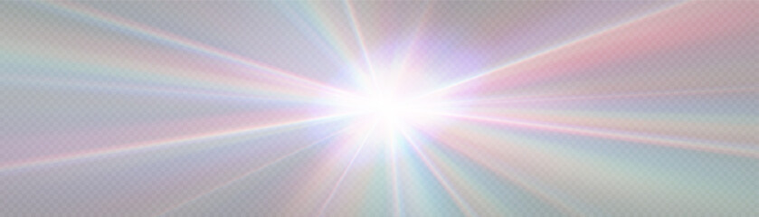 Sparkle  reflection effect of the rainbow crystal glare shines in the form of a star. Optical rainbow lights, from the sun, glare of rays, overlapping stripes. Vector lenses and light flares effect - obrazy, fototapety, plakaty