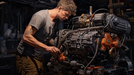 aircraft maintenance technician working on turbine illustration