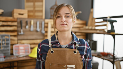 Young, serious blonde woman carpenter stands tall in carpentry studio, bringing beauty and...