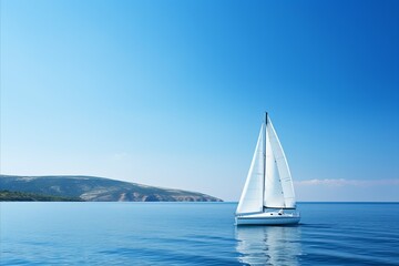 Obraz premium Small Modern White Sailing Yacht Sailing on the Sea in Summer. Captivating Close-up Shot