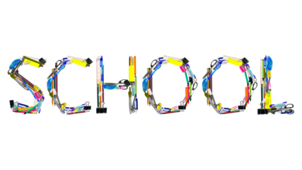word of SCHOOL made from various kinds of stationary isolated on transparent background