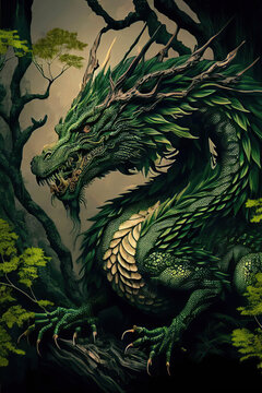 Illustration of a green chinese dragon in the forest, Year of the Dragon, Generative AI