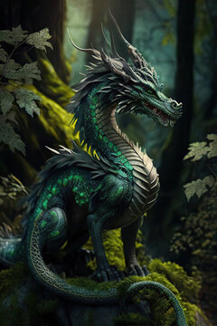 Green dragon sitting on stone in the forest, Year of the Dragon, fantasy illustration, vertical, Generative AI