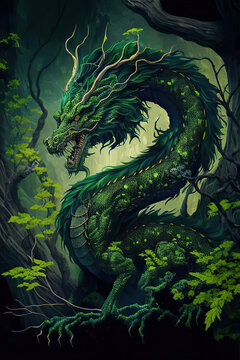 Ancient green chinese horned dragon in the forest, Year of the Dragon, fantasy illustration, vertical, Generative AI