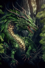 Ancient green dragon covered with plants in the forest, chinese dragon, Year of the Dragon, fantasy illustration, Generative AI