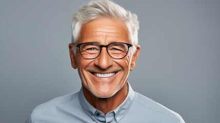Close Up Portrait of a Cheerful Senior Man with Gray Hair Wearing Glasses, ai technology