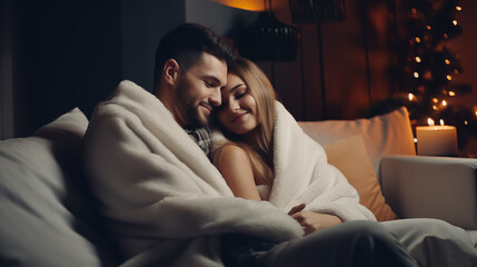 couple in love hugging in a cozy atmosphere. winter or christmas mood. lights. copy space