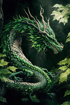 Ancient green dragon with leaves in the forest background, chinese dragon, Year of the Dragon, fantasy illustration, Generative AI