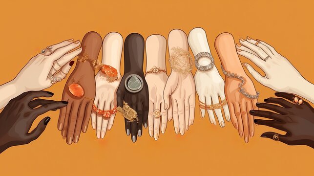 Female hands with victory sign, different skin colors, diversity, equality concept, illustration over a transparent background