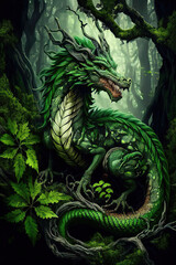 Ancient green forest dragon in the forest, chinese dragon, Year of the Dragon, fantasy illustration, Generative AI