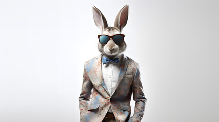 Abstract, minimal portrait of a wild animal dressed up as a man in elegant clothes on white background. A rabbit standing on two legs in vintage costume and sunglasses.