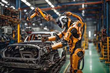 Mechanized industry robot working in assembly line factory. Concept of artificial intelligence for industrial revolution and automation manufacturing process.
