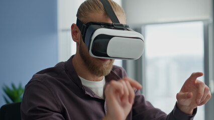 Inspired man arms examining VR closeup. Game designer testing 3d program alone