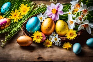 Obraz na płótnie Canvas easter eggs in basket with flowers