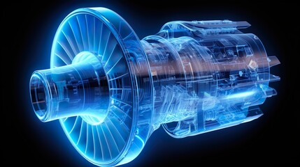 X-ray style turbofan jet engine isolated on black background. 3D rendering image. - obrazy, fototapety, plakaty