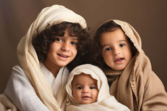 Children Dressed Up As Mary And Joseph. Nativity Scene