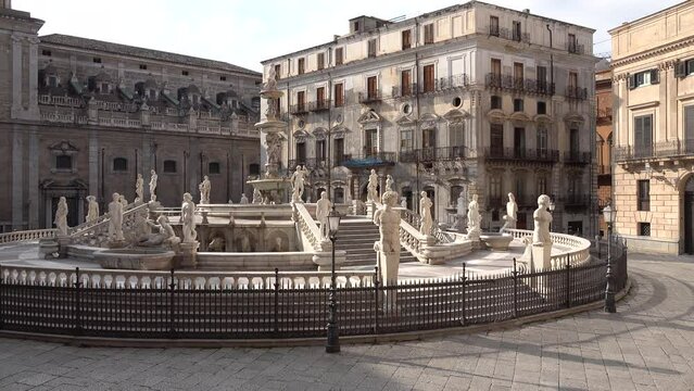 Overview of beautiful Fontana Pretoria, historic landmark in central Palermo, Italy
