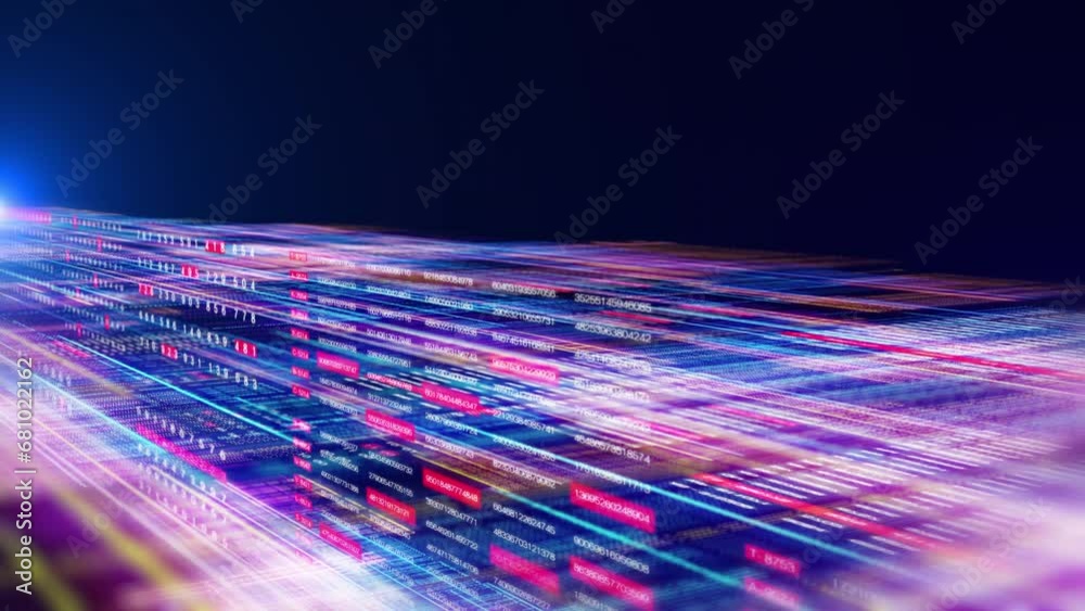 Poster Digital number data sampling platform with hologram glow stream line structure flying through 4K motion