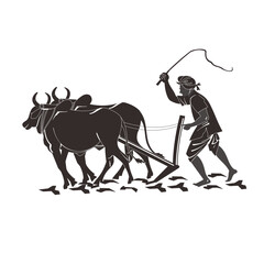 stock vector silhouette farmer plowing cow in the field