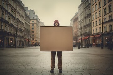 Person holding a box or blank sign in the middle of urban city outdoor background. - obrazy, fototapety, plakaty
