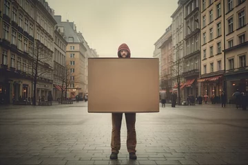 Fotobehang Person holding a box or blank sign in the middle of urban city outdoor background. © Virtual Art Studio