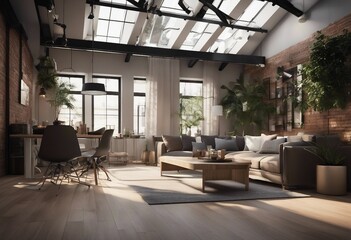 Modern interior of loft 3d rendering