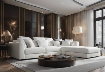 Fototapeta na wymiar Modern interior with white sofa panorama 3d render