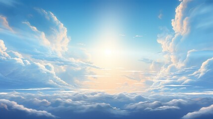 Blue sky with clouds. Anime style background with shining sun and white fluffy clouds. Sunny day...