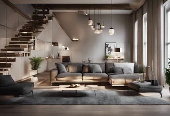 Modern interior living room with fireplace and stairs 3d render