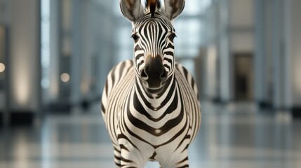 Wild animal zebra stands on a blurred background of a room with a modern design. Creative business concept made of black and white stripes. 3D rendering
